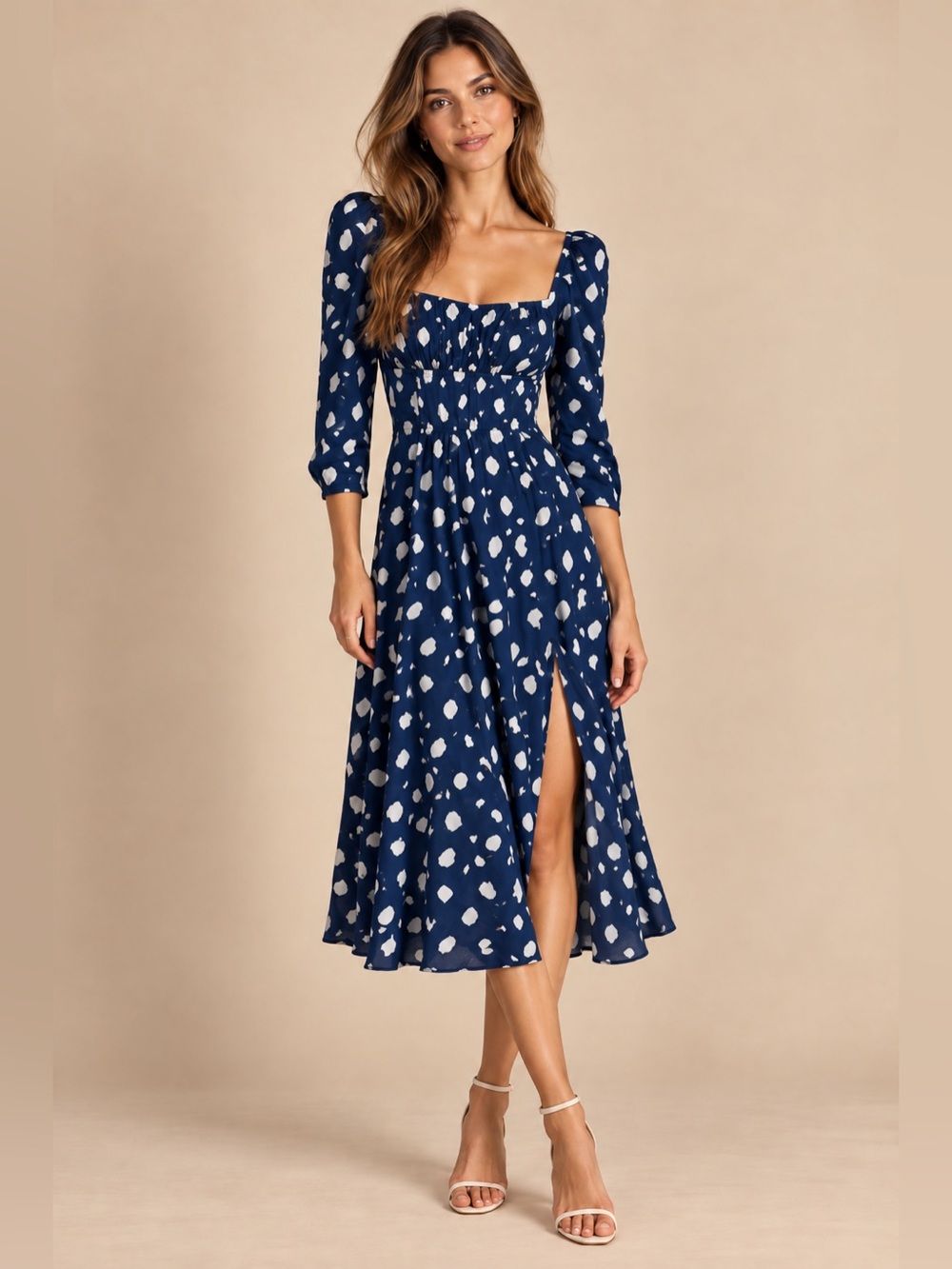 Reformation Navy Blue White Polka Dot Square Neck 3/4 Sleeve Midi Dress Size 0